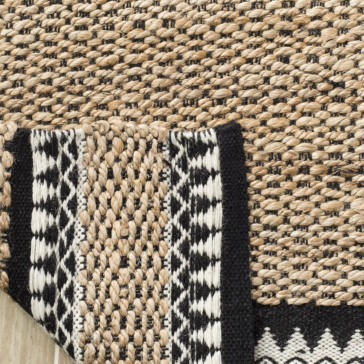 Natural Fiber Collection Area Rug, Natural & Black, Handmade Farmhouse Boho Coastal Rustic Jute, Ideal for