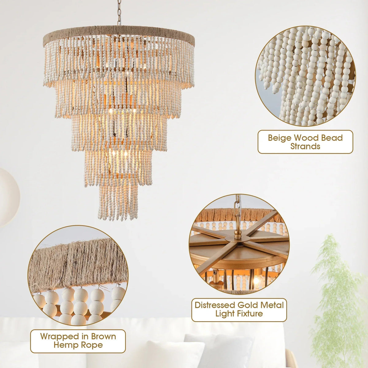 32 Inch Nelly 9-Light Bohemia Wood Beaded Chandelier