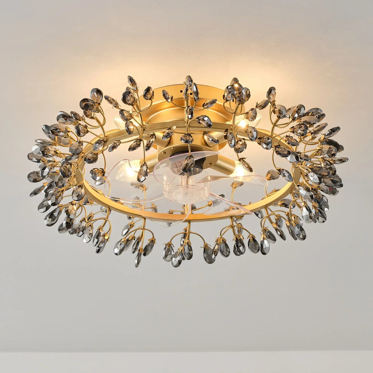 23" Clara Golden Crystal Flush Mount Ceiling Fan with Light and Remote