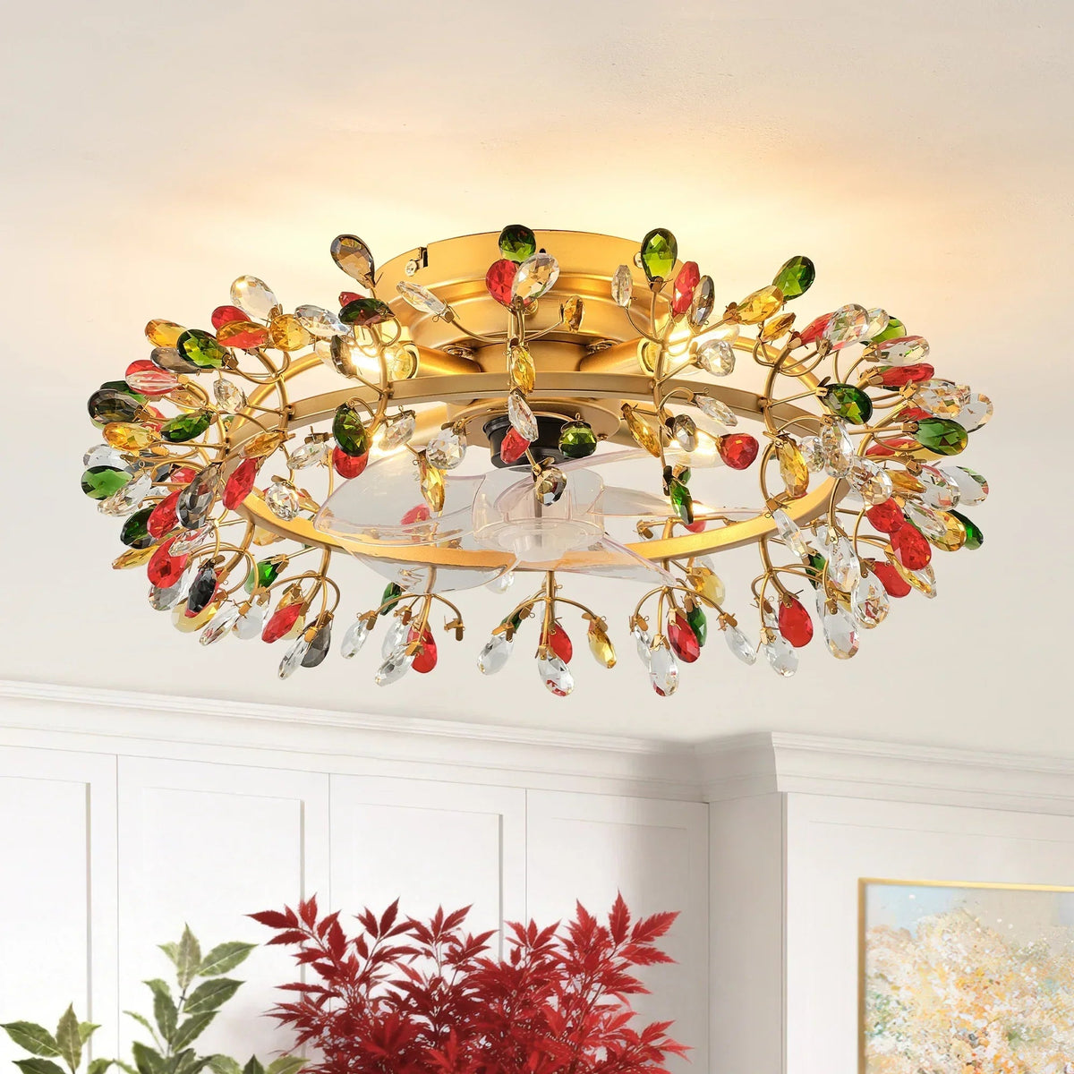 23" Clara Golden Crystal Flush Mount Ceiling Fan with Light and Remote