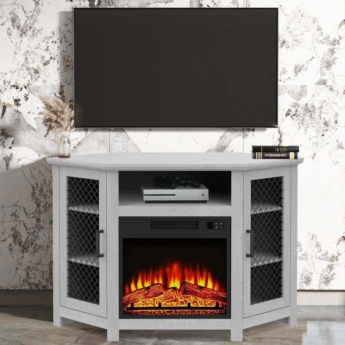 45" Corner Electric Fireplace TV Stands Console Table Insert 18" Electric Fireplace with 2 Metal Mesh Doors