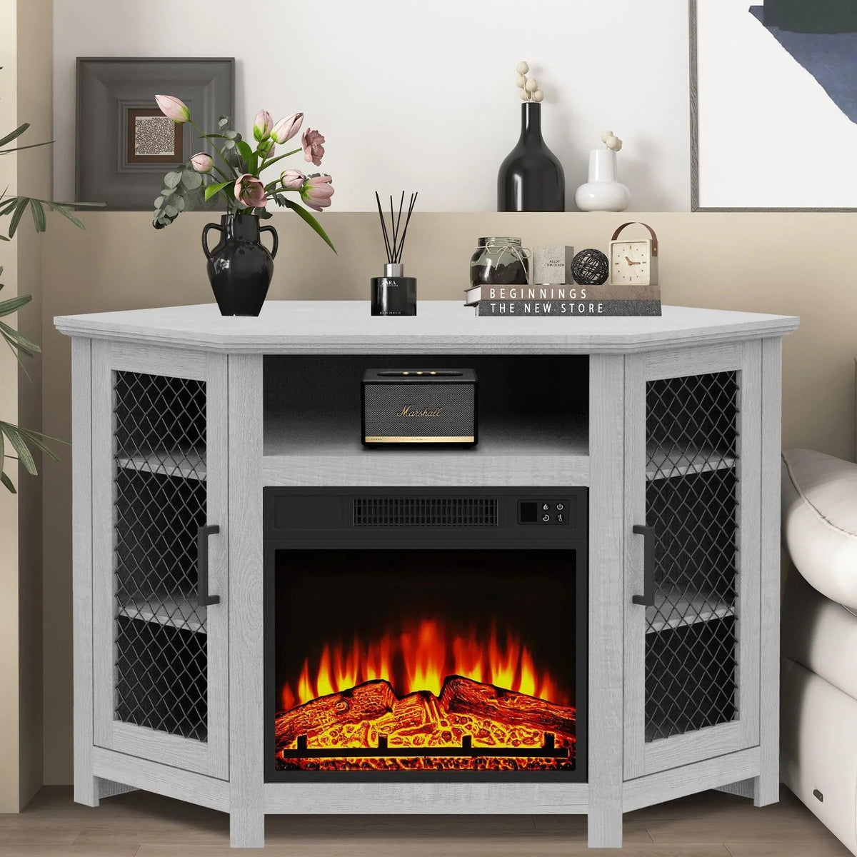 45" Corner Electric Fireplace TV Stands Console Table Insert 18" Electric Fireplace with 2 Metal Mesh Doors
