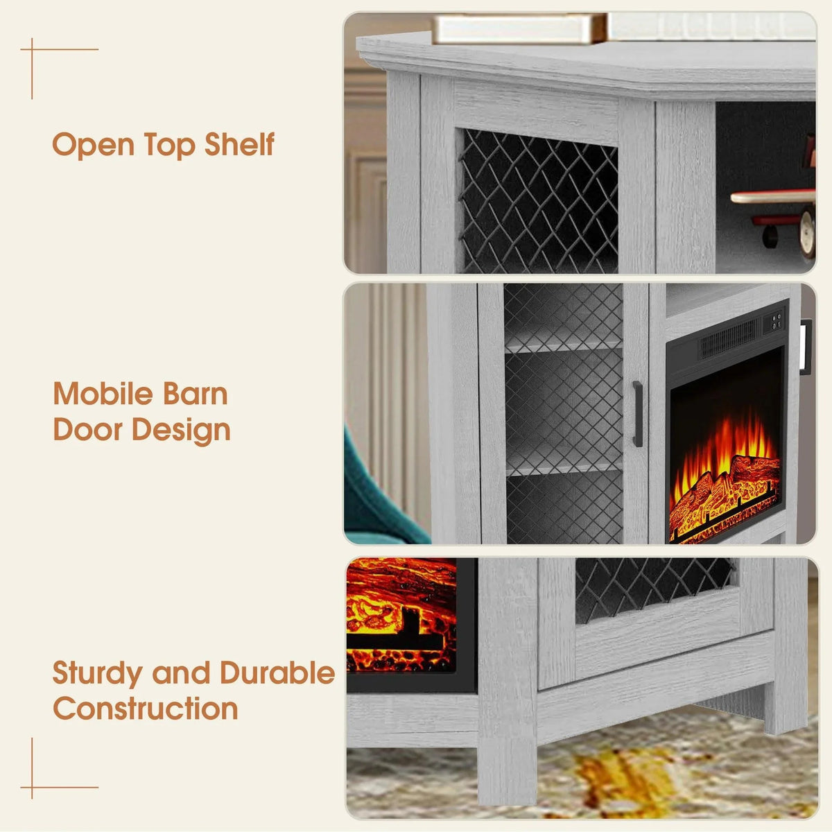 45" Corner Electric Fireplace TV Stands Console Table Insert 18" Electric Fireplace with 2 Metal Mesh Doors
