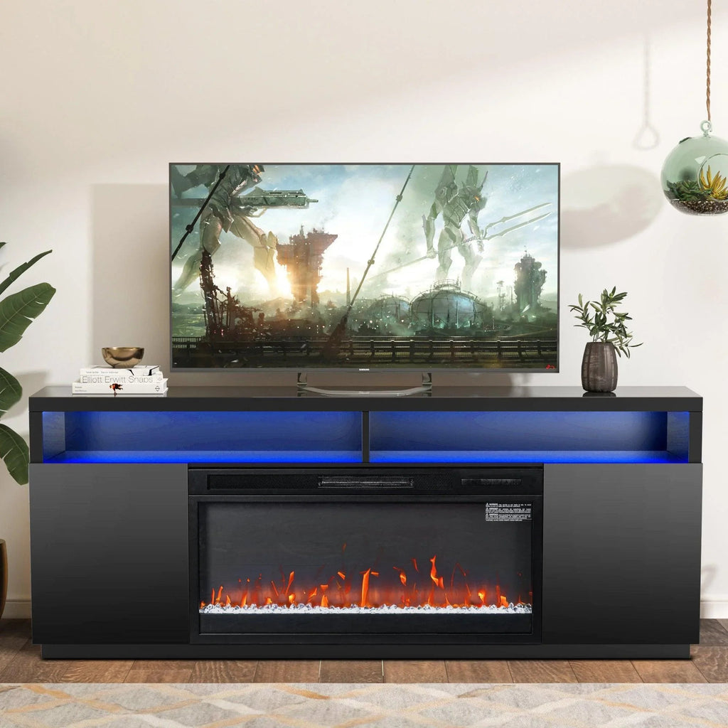 Modern 68" LED TV Stand with 36" Insert Opening Electric Fireplace for Living Room in Black or White