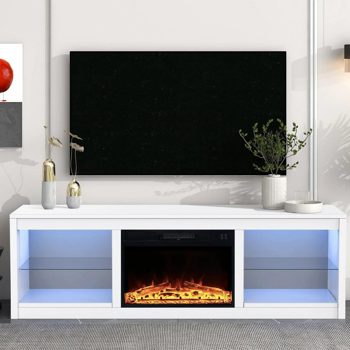 Modern 66" LED TV Stand with 23" Insert Electric Fireplace for Living Room