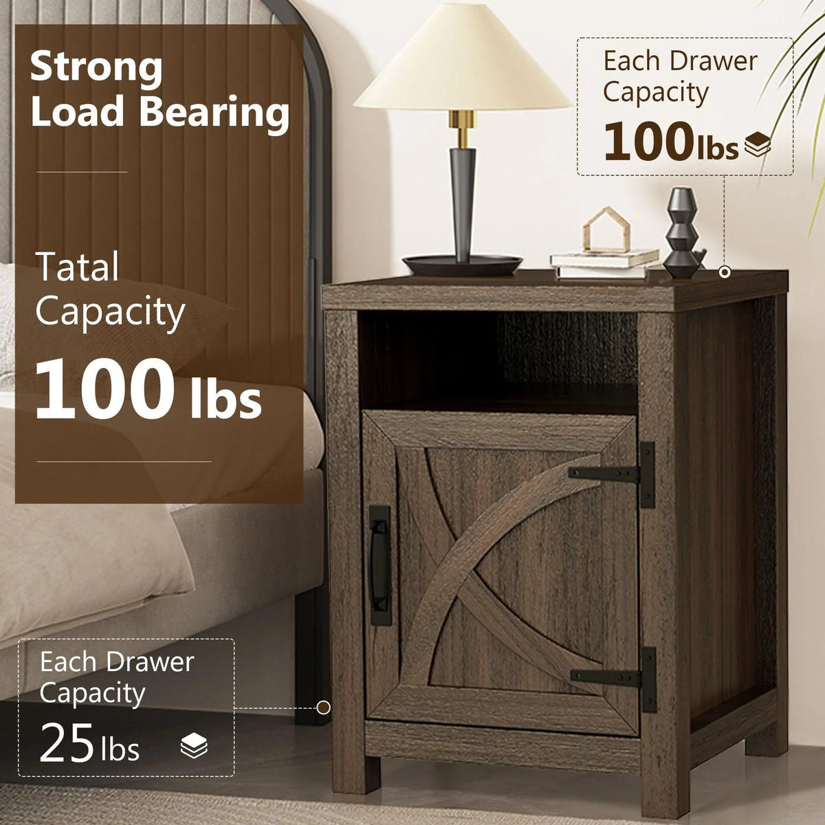 18" Solid Wood Farmhouse Nightstand for Bedroom in Brown or Grey or White