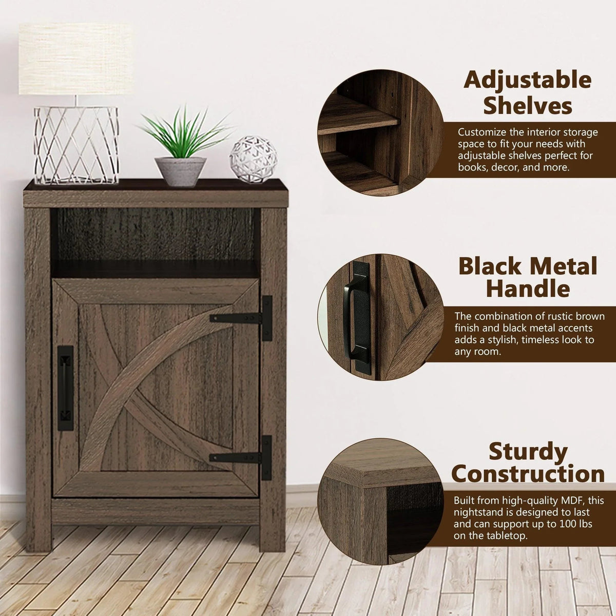 18" Solid Wood Farmhouse Nightstand for Bedroom in Brown or Grey or White
