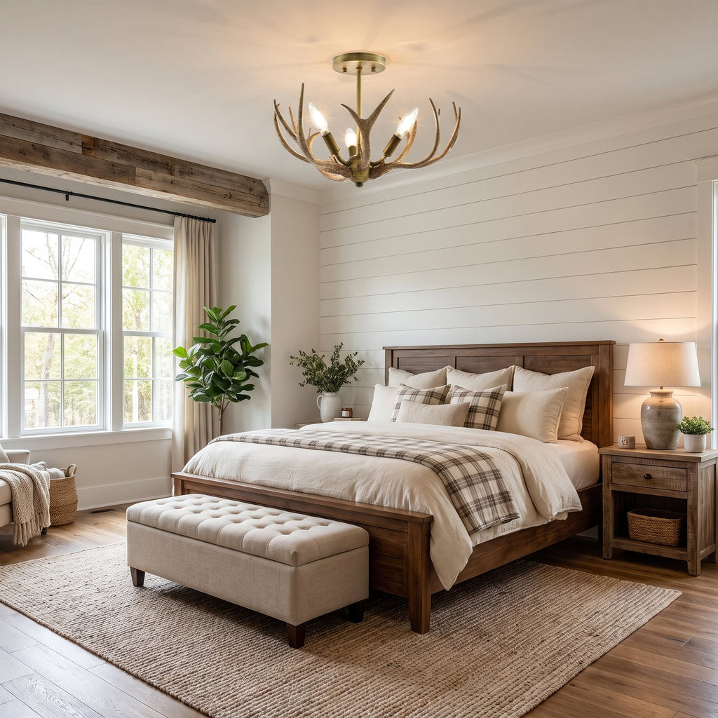 Mick 3-Light Antique Brass Antler Semi-Flush Mount Ceiling Light