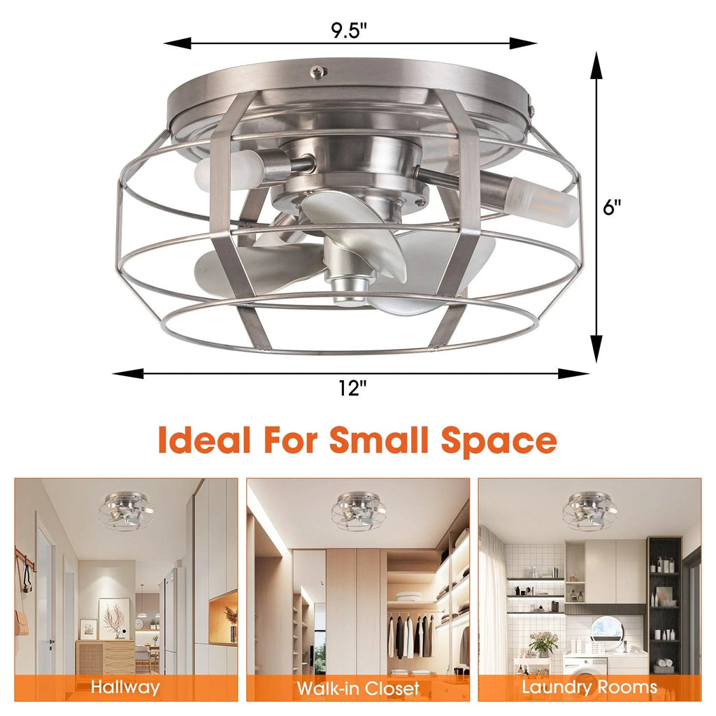 12" Flush Mount Low Profile Caged Small Ceiling Fan with Light and Remote Control
