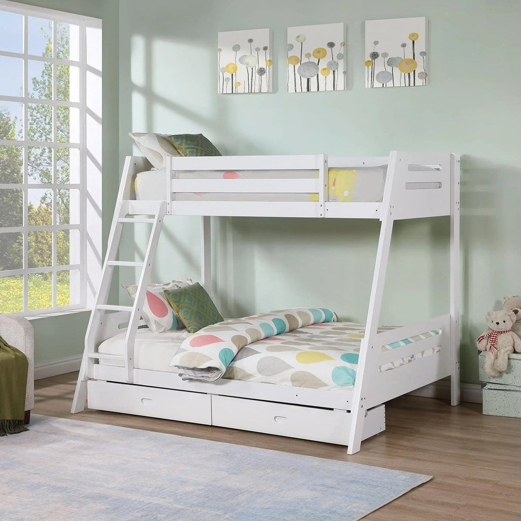 Solid Wood Twin / Full Bunk Bed with Reversible Angled Ladder and Underbed Drawers