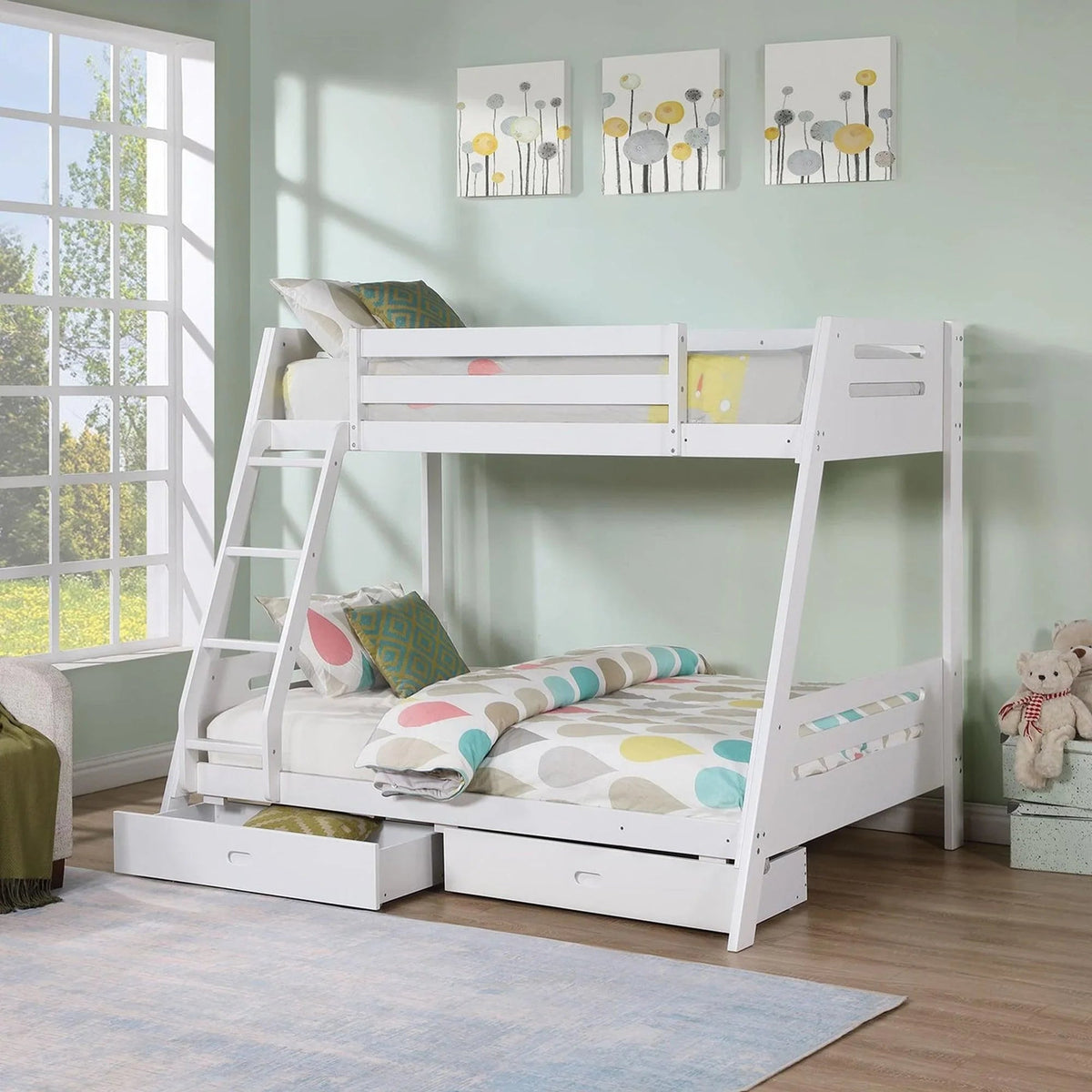 Solid Wood Twin / Full Bunk Bed with Reversible Angled Ladder and Underbed Drawers