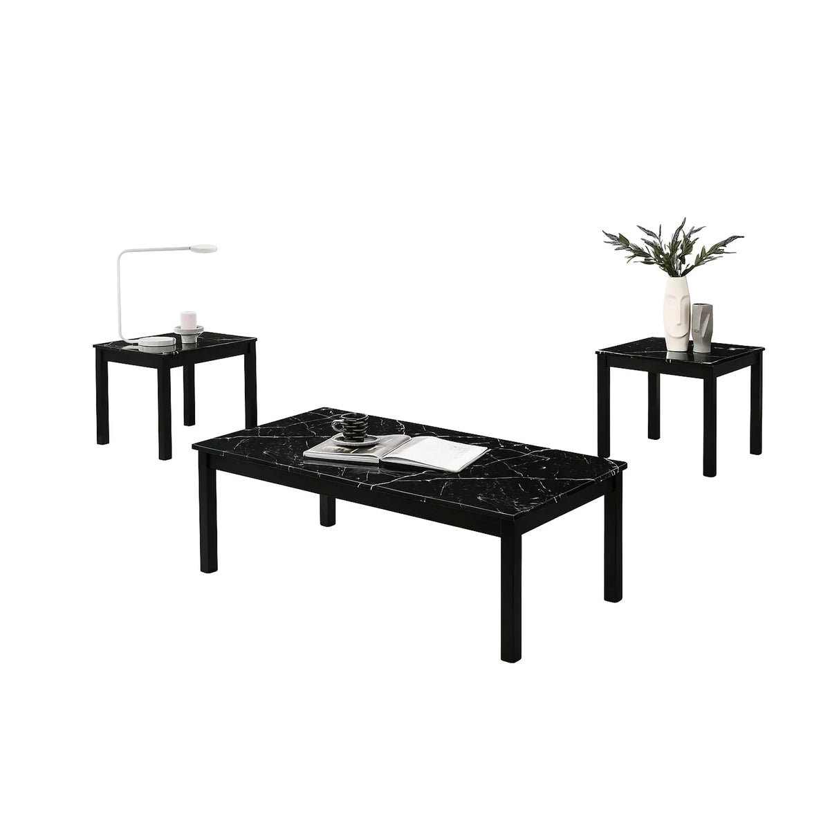 Findlay 3-Piece 47.5 in. Rectangle Faux Marble Top Coffee Table Set with Solid Wood Legs