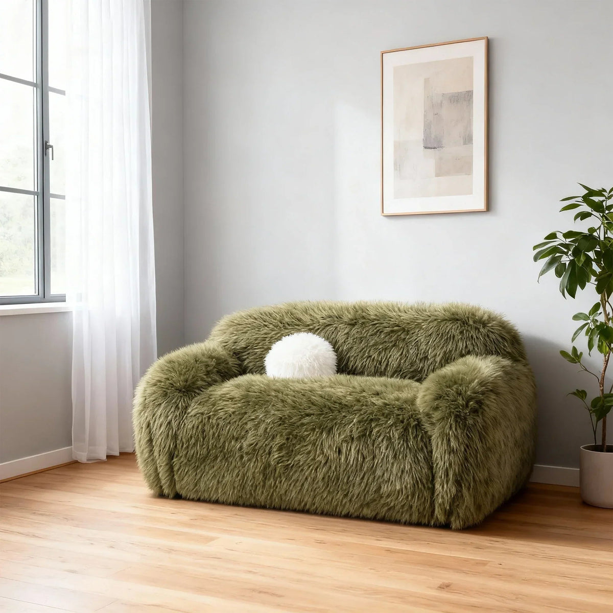 66 Inch Darwen Modern Faux Fur Loveseat with Ball Pillow