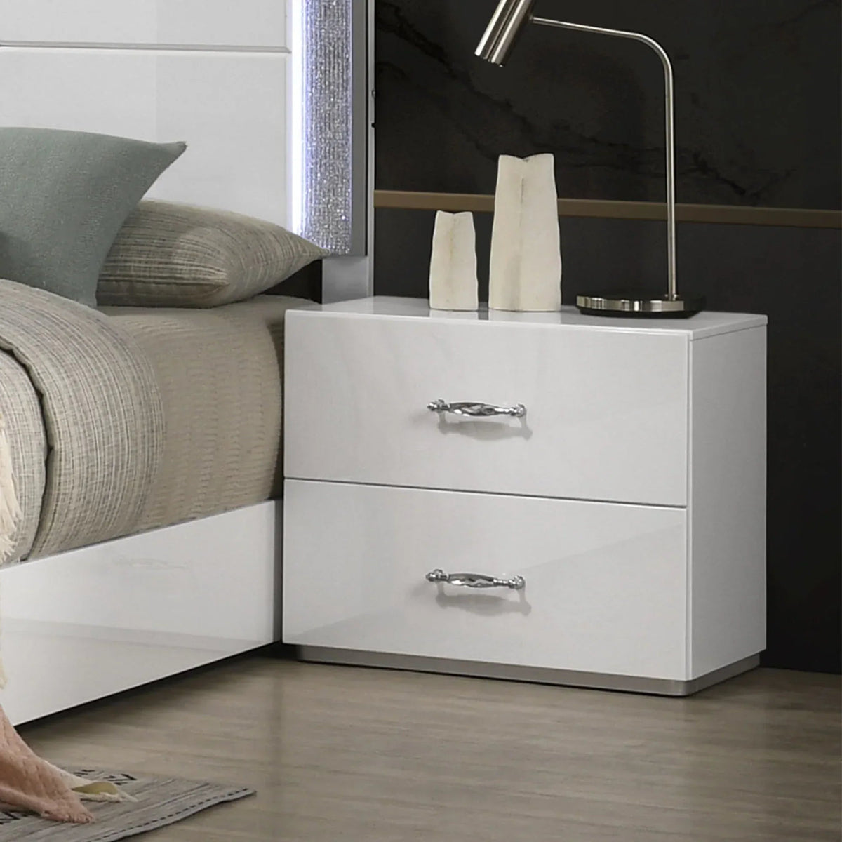 Stoholm Modern White Nightstand with 2-Drawer and Chrome Handles