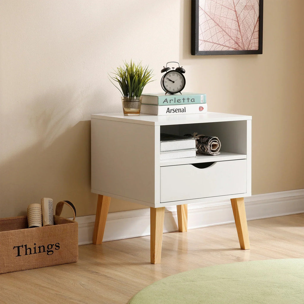 19" Jeff White End Table with Drawer and Shelf for Bedroom, Minimalist Sofa