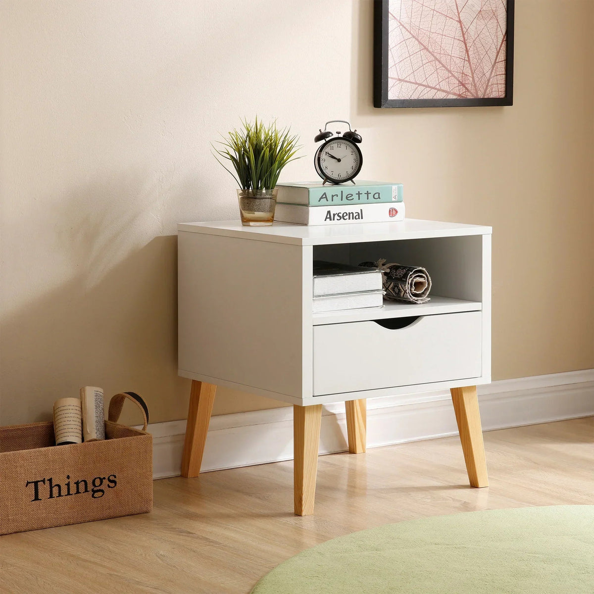 19" Jeff White End Table with Drawer and Shelf for Bedroom, Minimalist Sofa