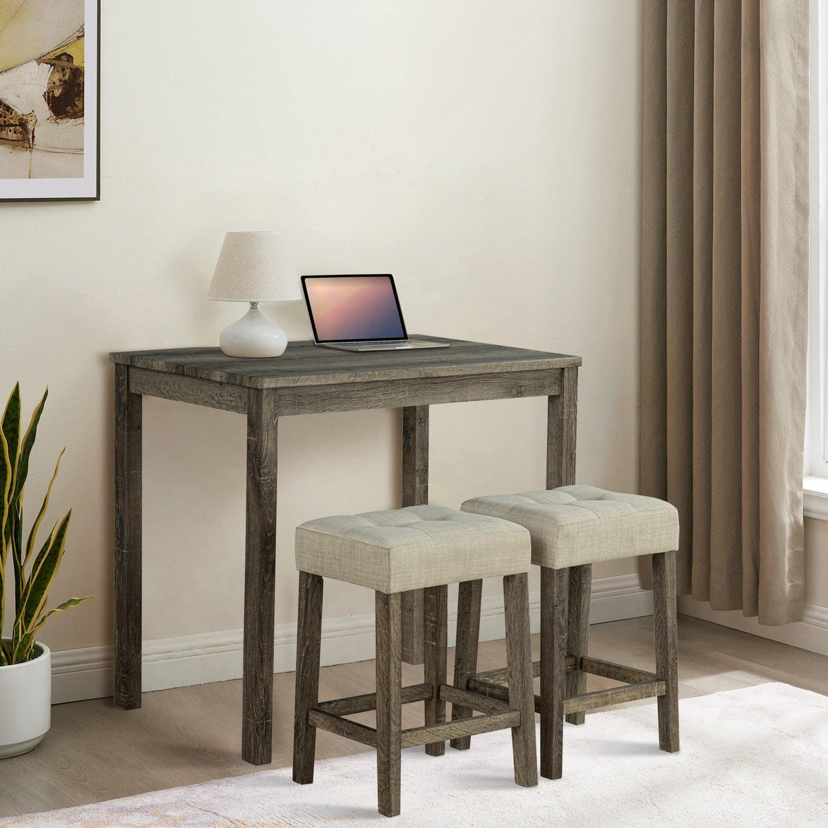 1 Traditional Breakfast Dining Table Set with 2 Stools for Apartment