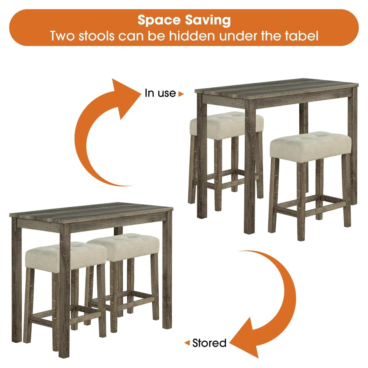 1 Traditional Breakfast Dining Table Set with 2 Stools for Apartment