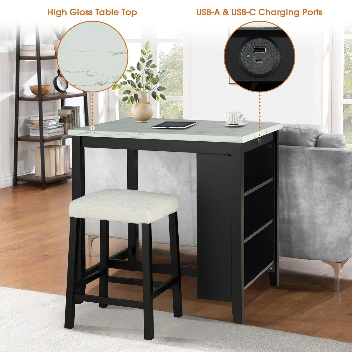 36" Modern Dining Table Set with 2 Stool, High Gloss Table Top, USB-A & USB-C Charging Ports