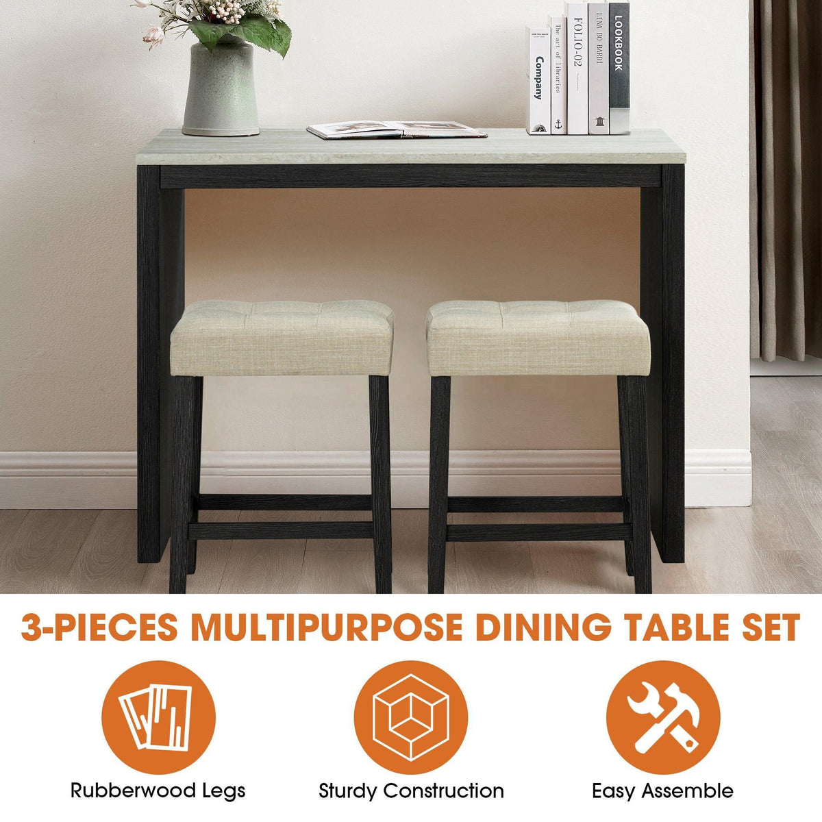 48" Modern Breakfast 1 Dining Table Set with 2 Stools for Apartment, Travertine Table Top