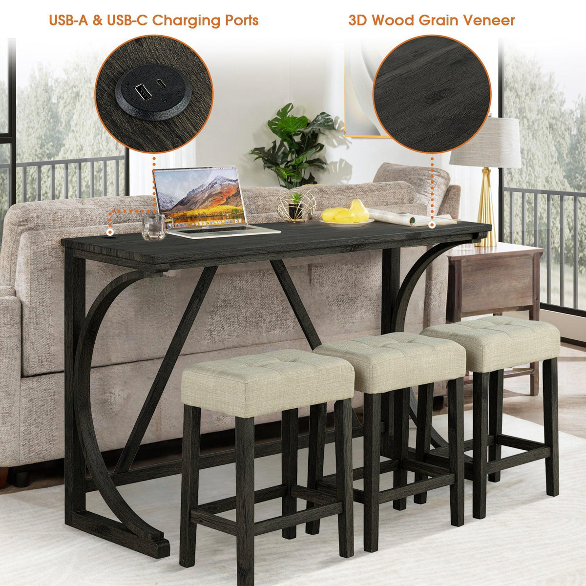 59" Rustic Dining&Bar Table Set with 3 Stools for Apartment, USB-A & USB-C Charging Ports