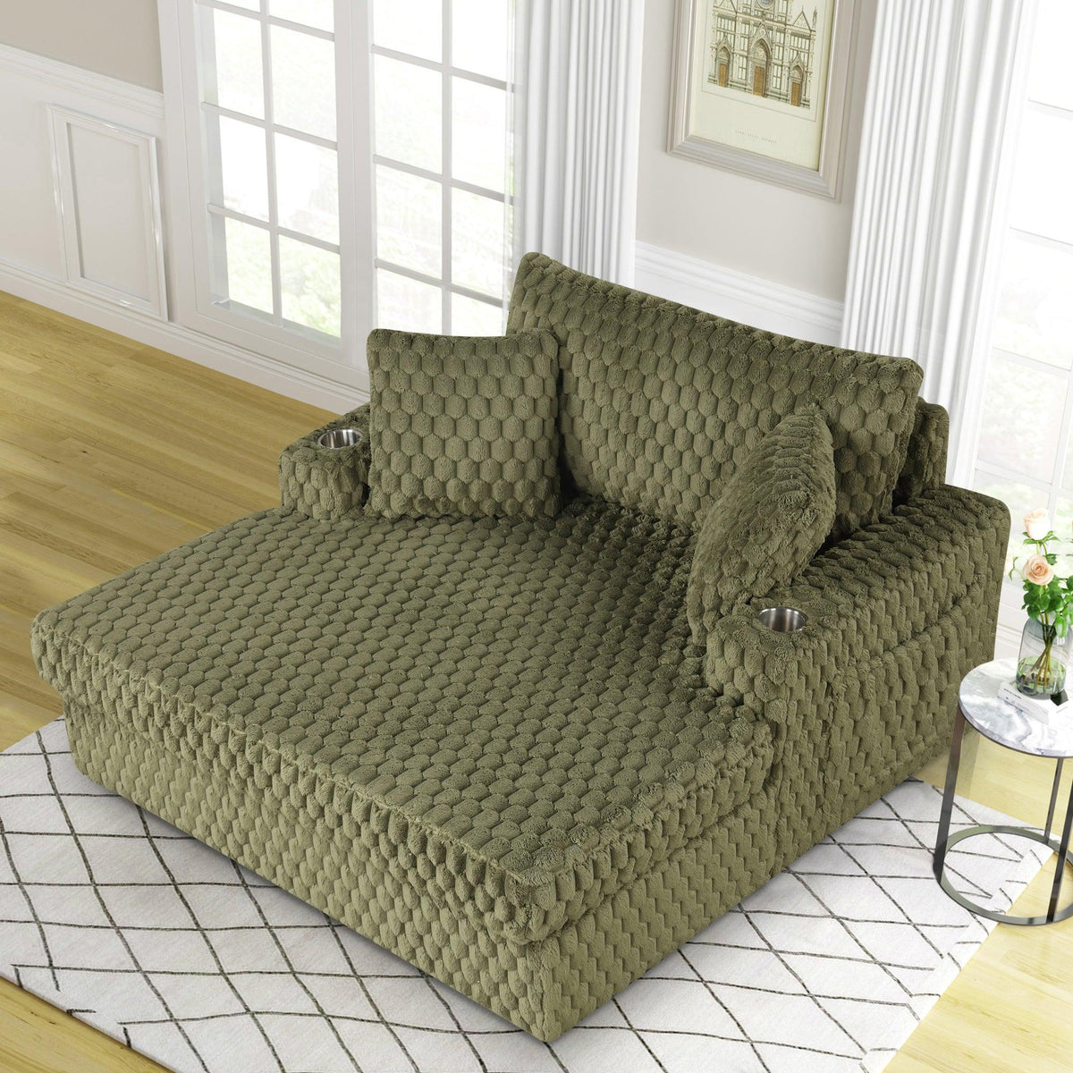 54 Inch Contemporary Indoor Upholstered Chaise Lounge Plush Sleeper Chair with Throw Pillows, 2 Cup Holders and Magazine Bags for Living Room