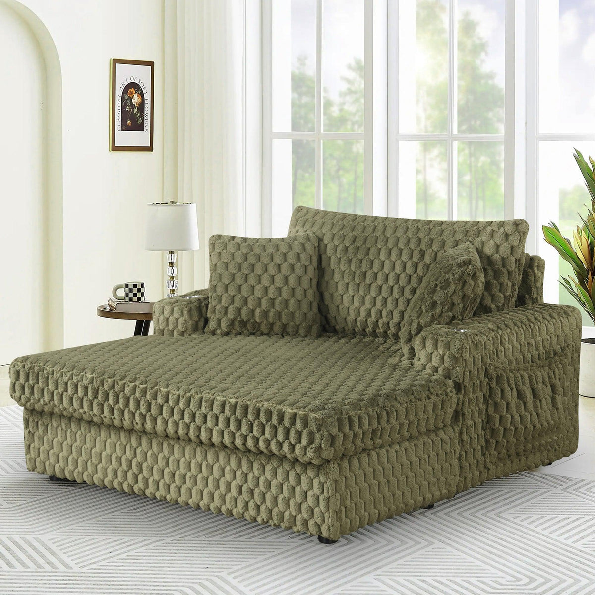 54 Inch Contemporary Indoor Upholstered Chaise Lounge Plush Sleeper Chair with Throw Pillows, 2 Cup Holders and Magazine Bags for Living Room