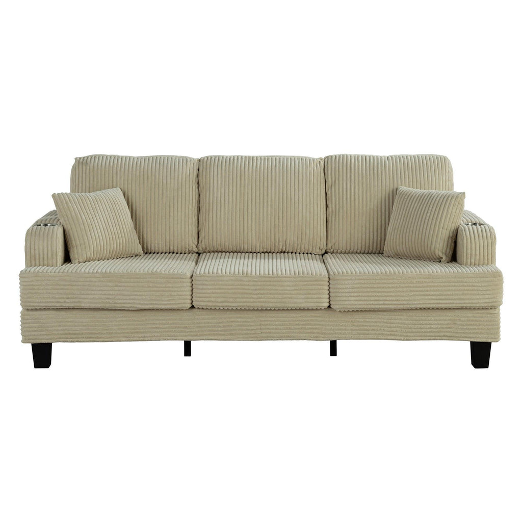 Beige 3 Piece Set Comfy Sofa Couch 3-Seater & Loveseat Sofa with Storage Ottoman with USB
