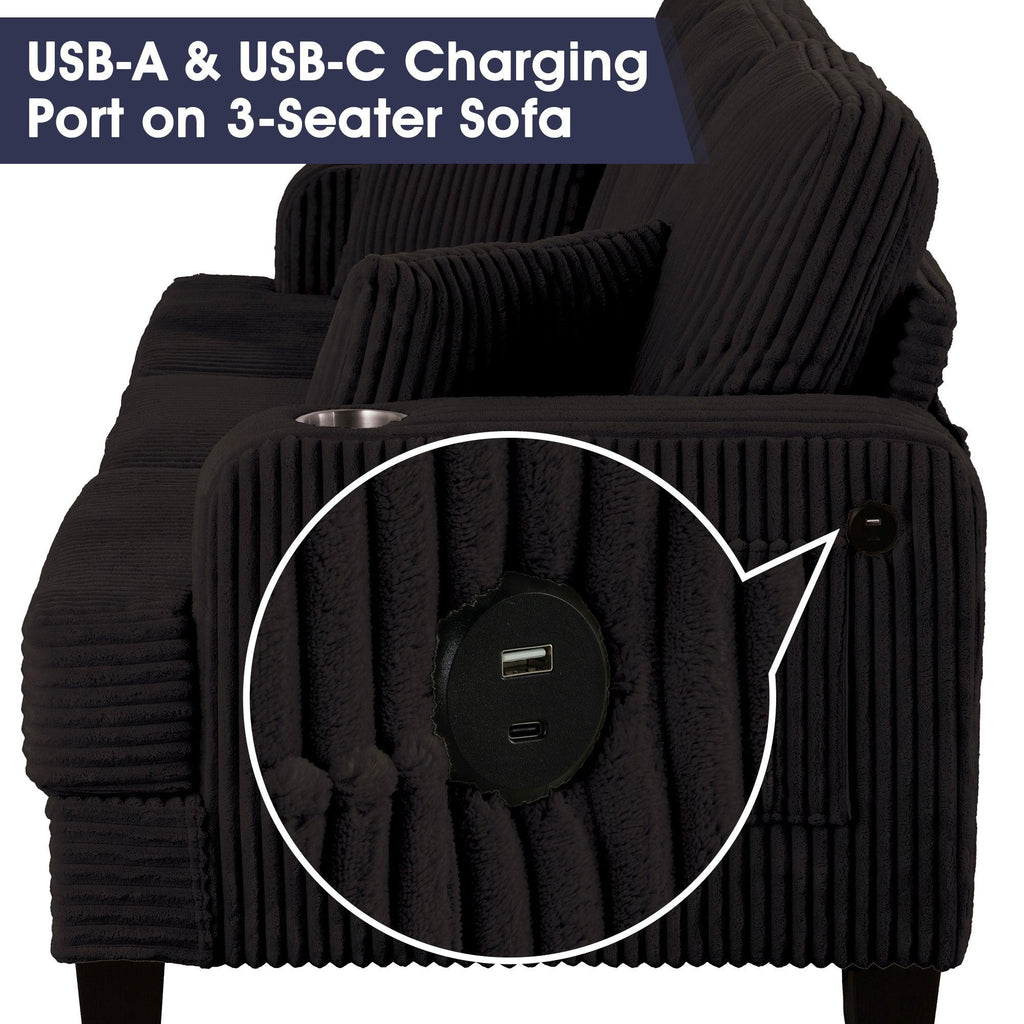 Black 3 Piece Set Comfy Sofa Couch 3-Seater & Loveseat Sofa with Storage Ottoman for Living Room with USB, Side Pockets, Pillows included