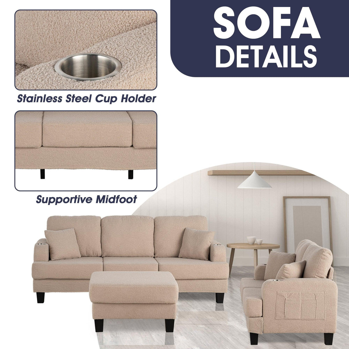 Beige 3-Piece Sofa Set with Storage Ottoman & USB Charging