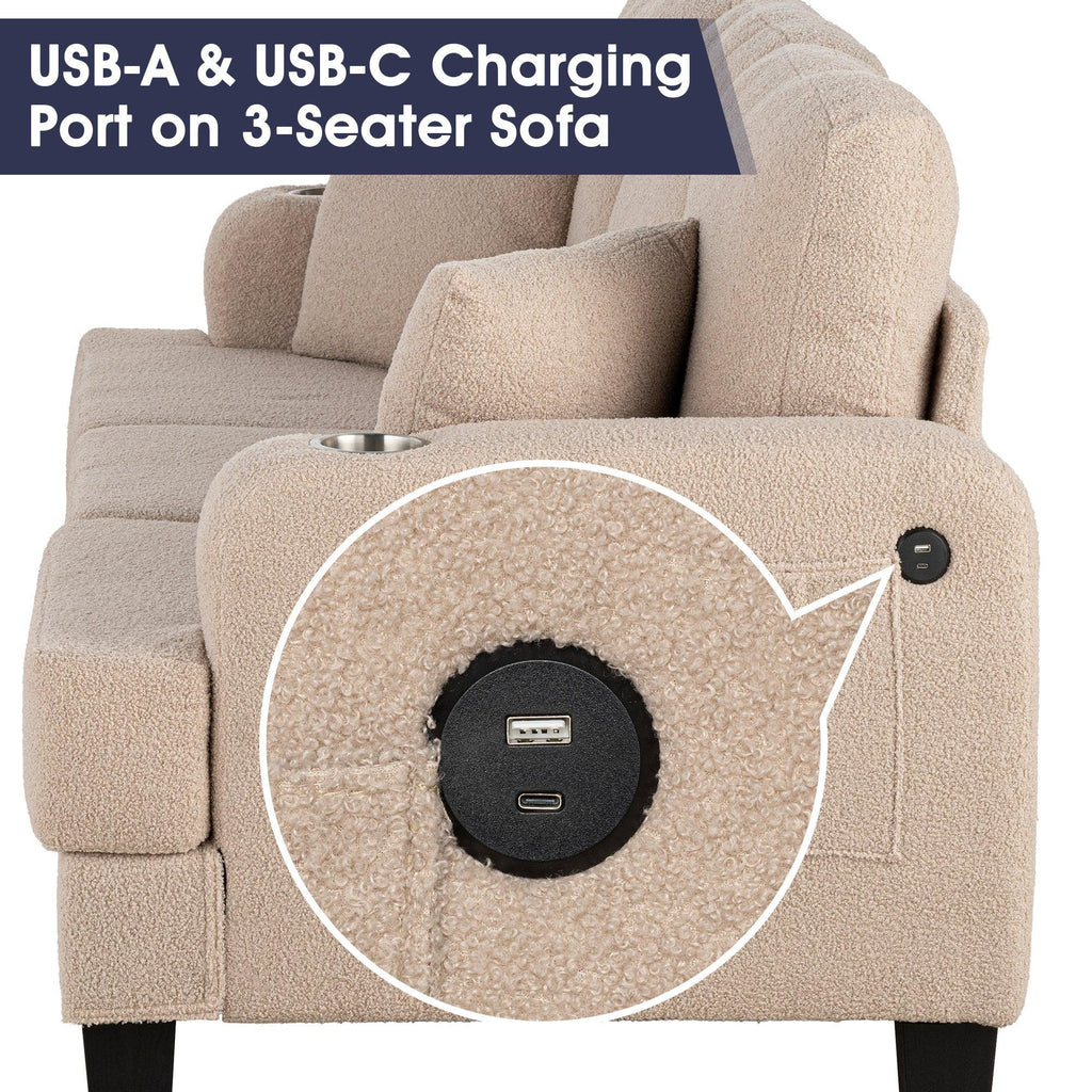 Beige 3-Piece Sofa Set with Storage Ottoman & USB Charging