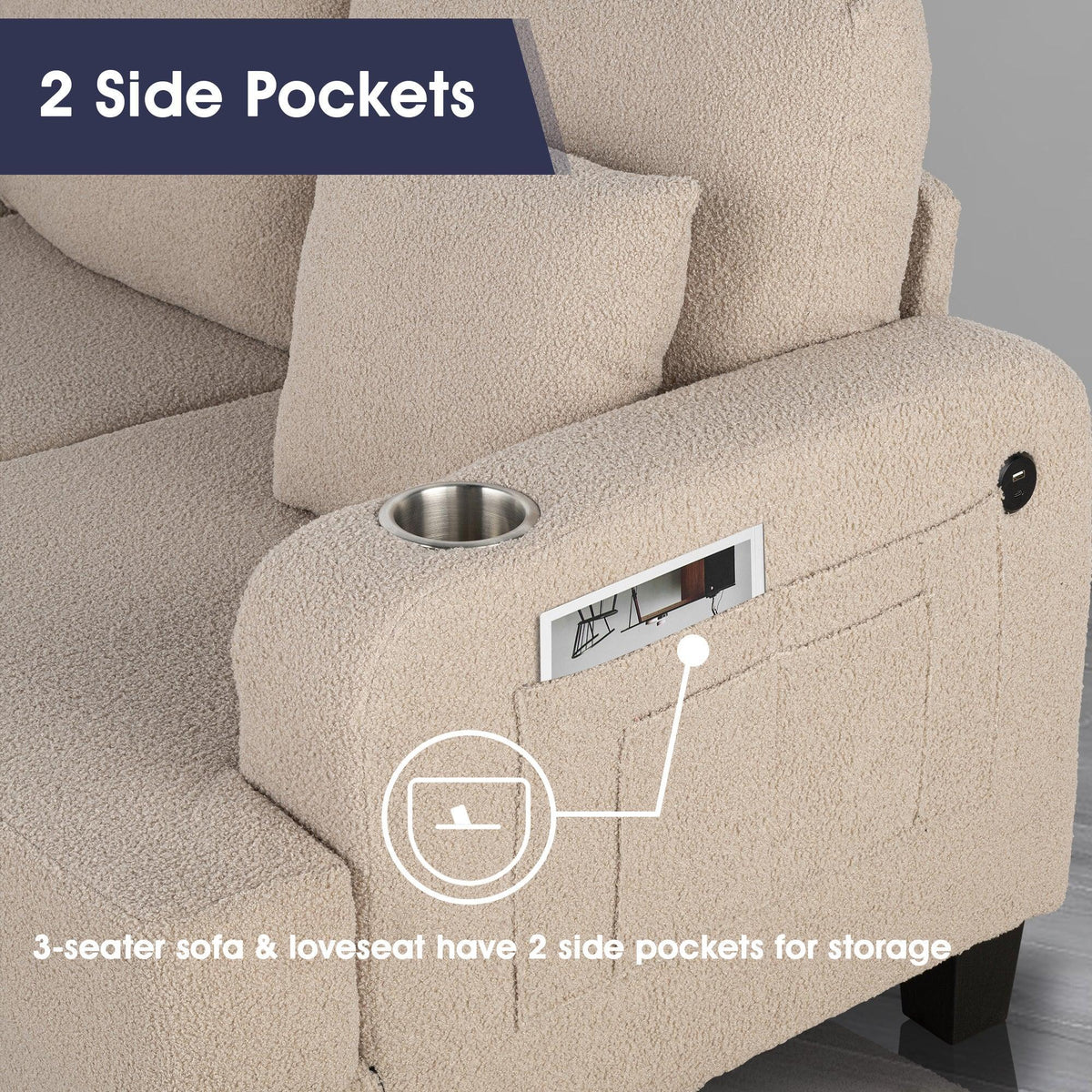 Beige 3-Piece Sofa Set with Storage Ottoman & USB Charging