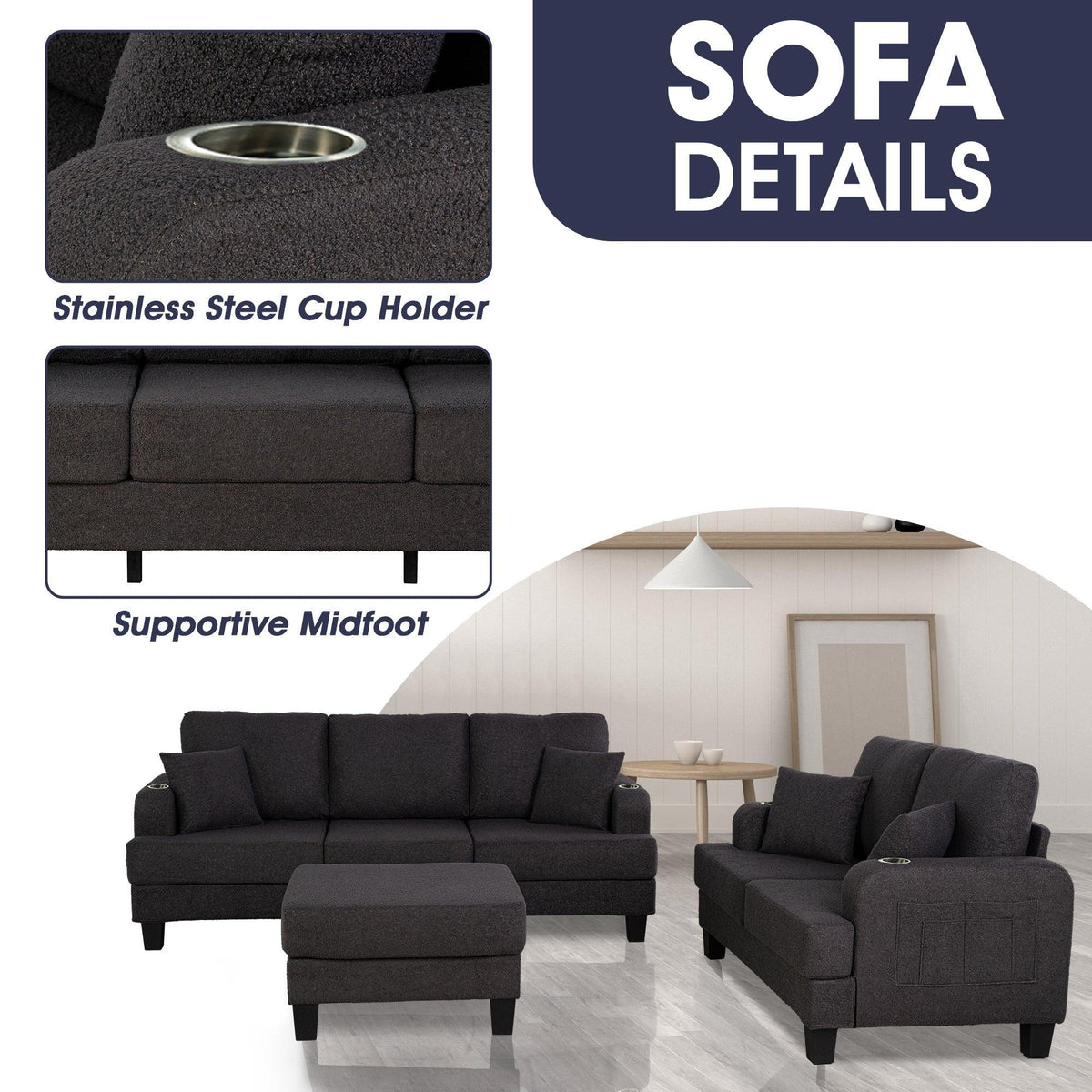 Dark Gray 3-Piece Sofa Set with Storage Ottoman & USB Charging