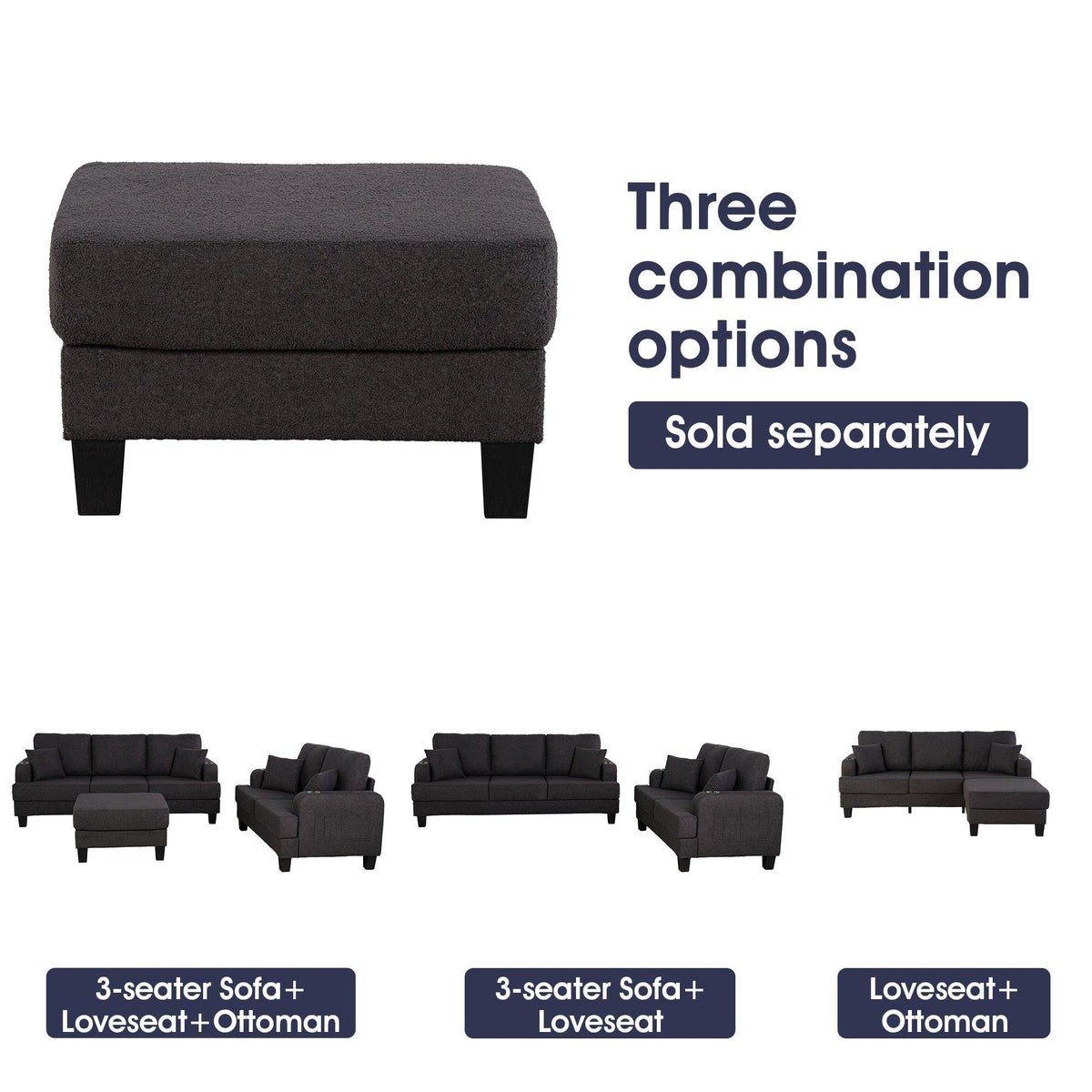 Dark Gray 3-Piece Sofa Set with Storage Ottoman & USB Charging
