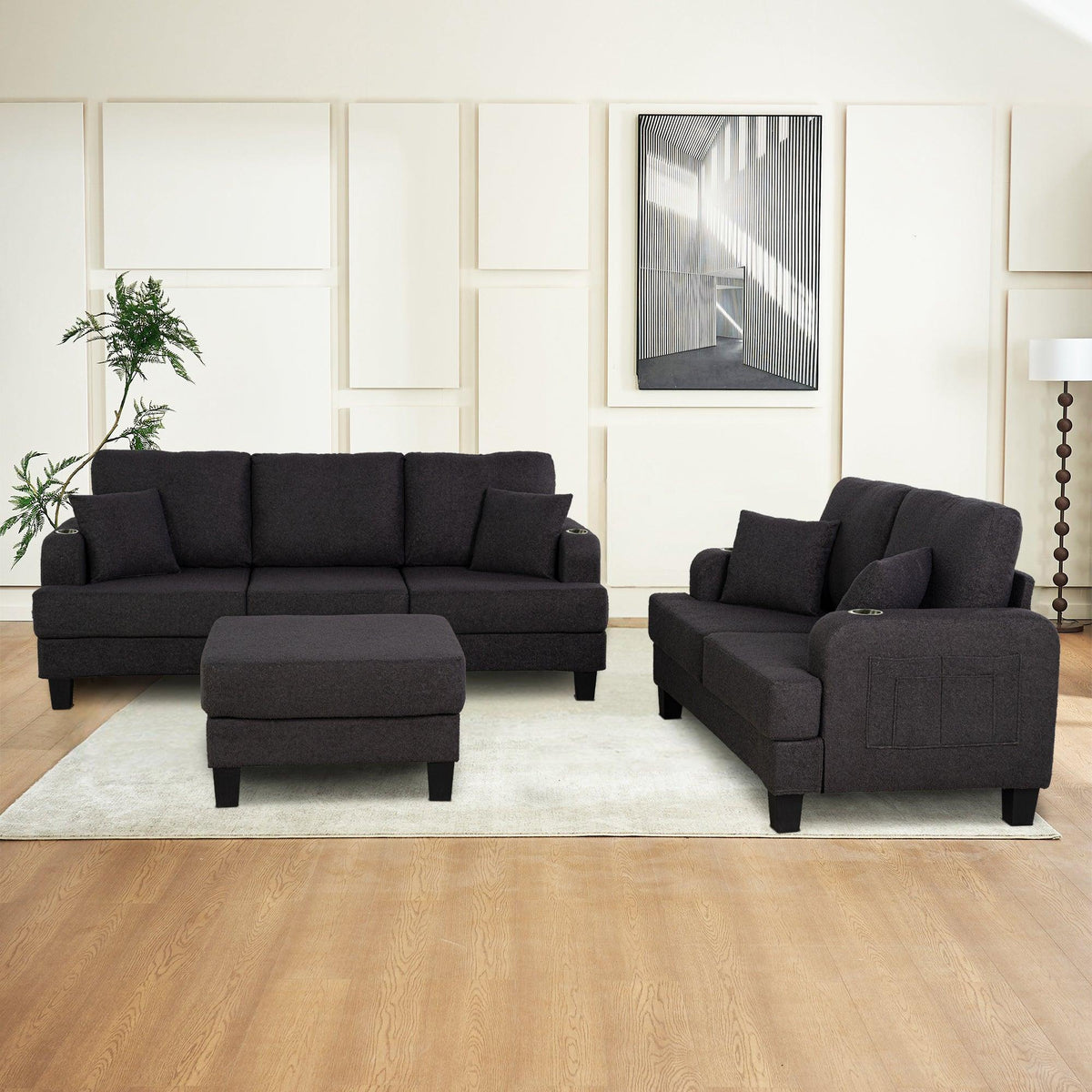 Dark Gray 3-Piece Sofa Set with Storage Ottoman & USB Charging