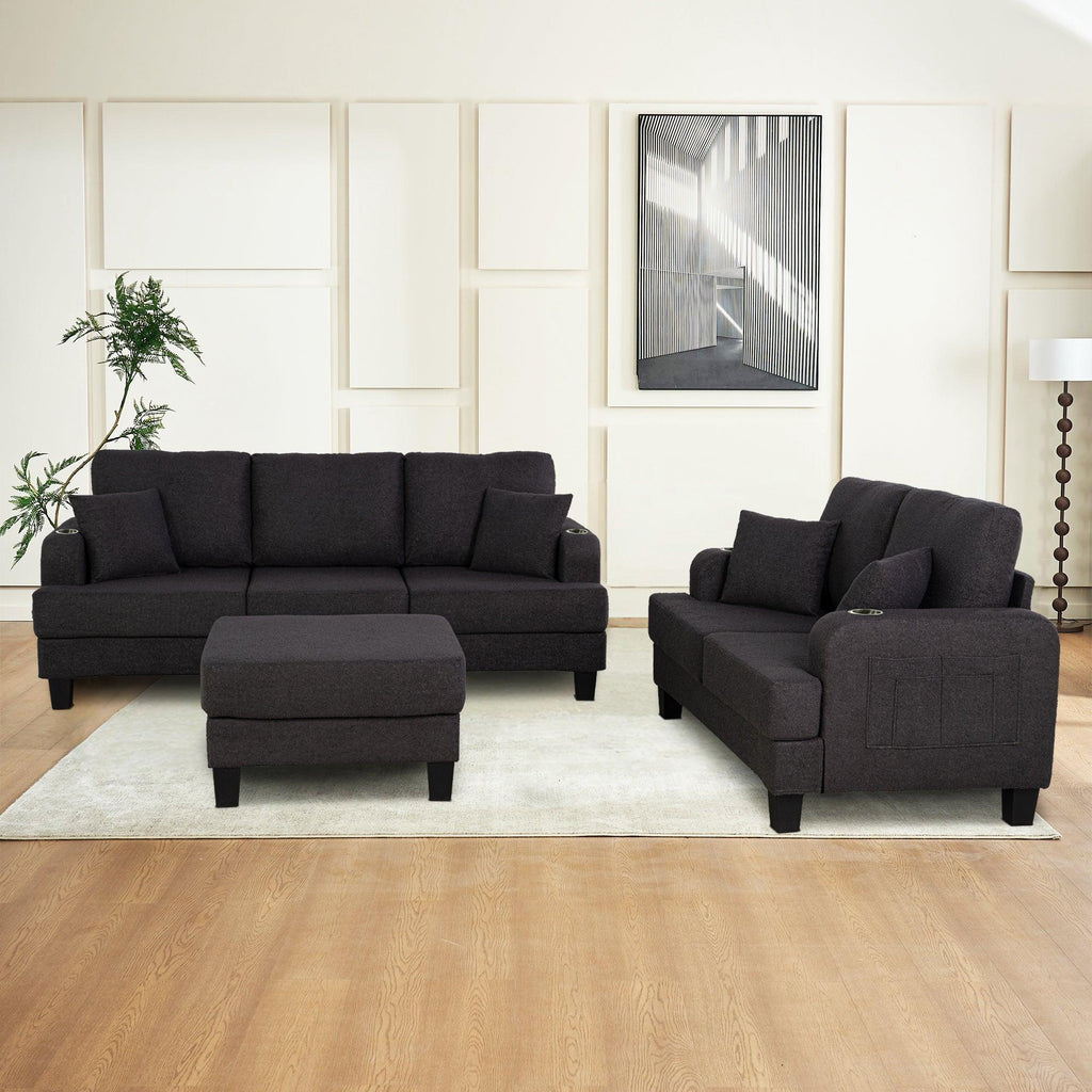 Dark Gray 3-Piece Sofa Set with Storage Ottoman & USB Charging