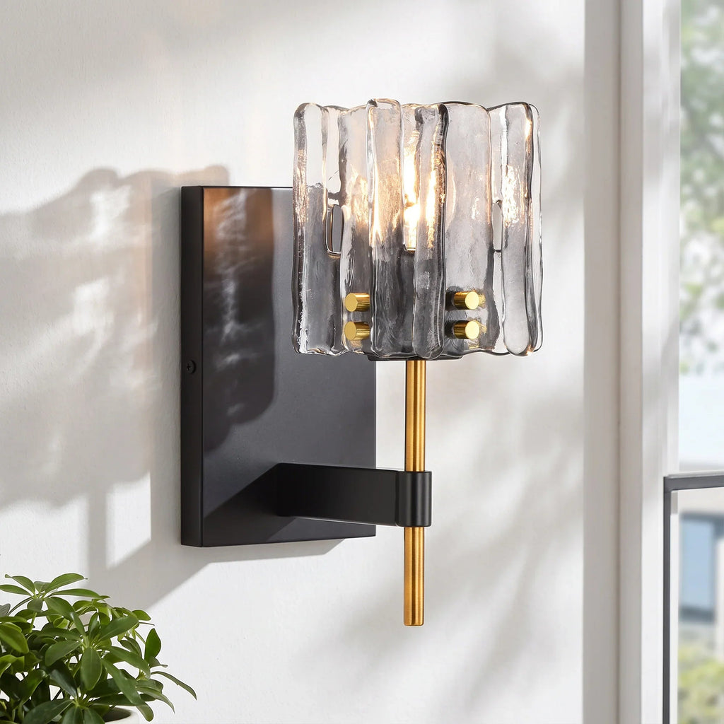Leona 1-Light Black Wall Sconce with Textured Glass Shade