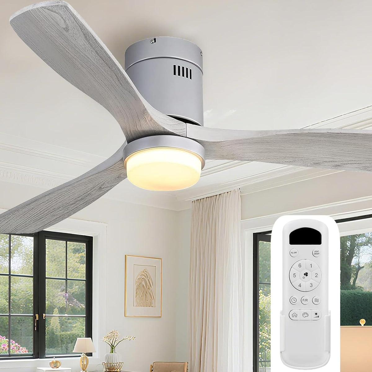 52" Gray Flush Mount Ceiling Fan with Light & Remote