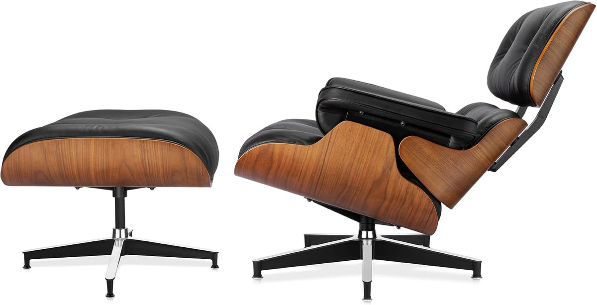 Inspired Eames Style Lounge Chair and Ottoman — Black Top-Grain Leather, Walnut Base, Upgraded Tall (37″D)