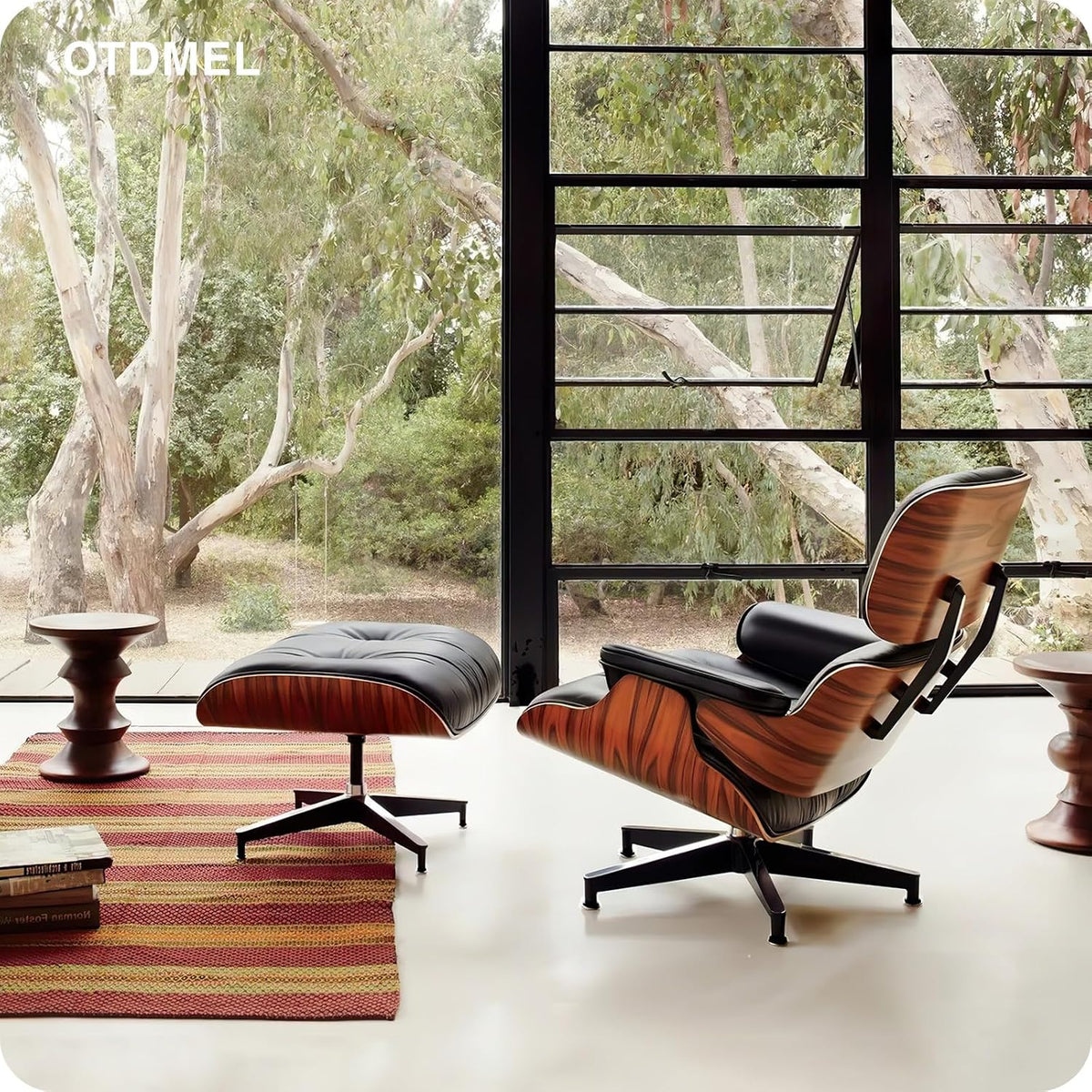 Inspired Eames Style Lounge Chair and Ottoman — Black Top-Grain Leather, Palisander Base, Upgraded Tall (37″D)