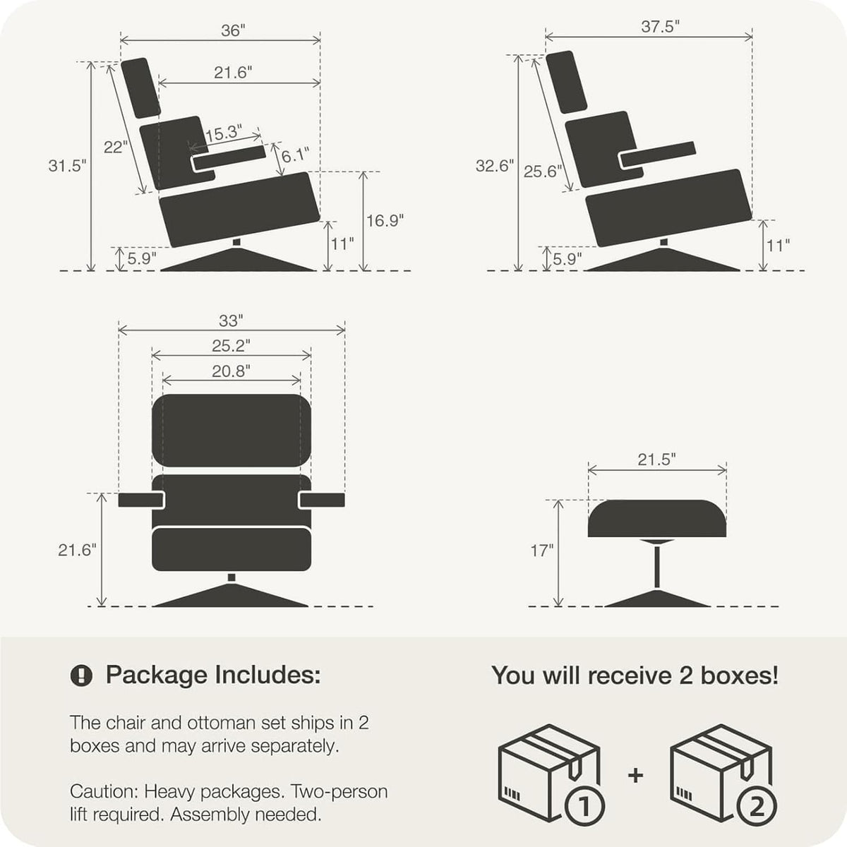 Inspired Eames Style Lounge Chair and Ottoman — Black Top-Grain Leather, Palisander Base, Upgraded Tall (37″D)