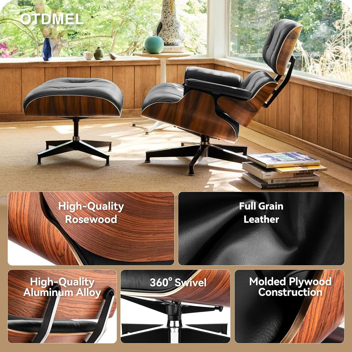 Inspired Eames Style Lounge Chair and Ottoman — Black Top-Grain Leather, Palisander Base, Upgraded Tall (37″D)