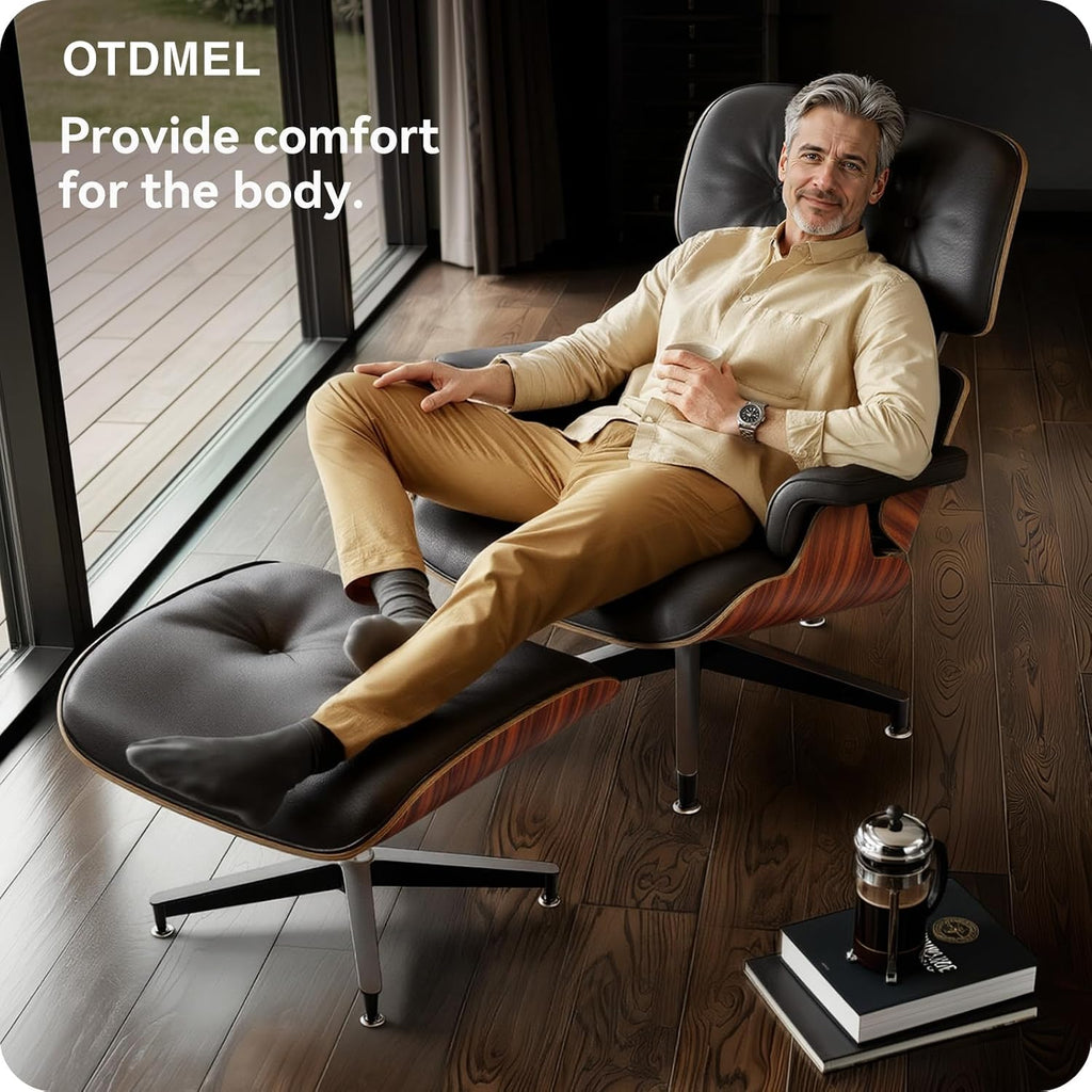 Inspired Eames Style Lounge Chair and Ottoman — Black Top-Grain Leather, Palisander Base, Upgraded Tall (37″D)