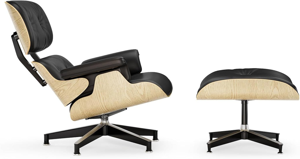 Inspired Eames Style Lounge Chair and Ottoman — Black Top-Grain Leather, Ash Base, Upgraded Tall (37″D)