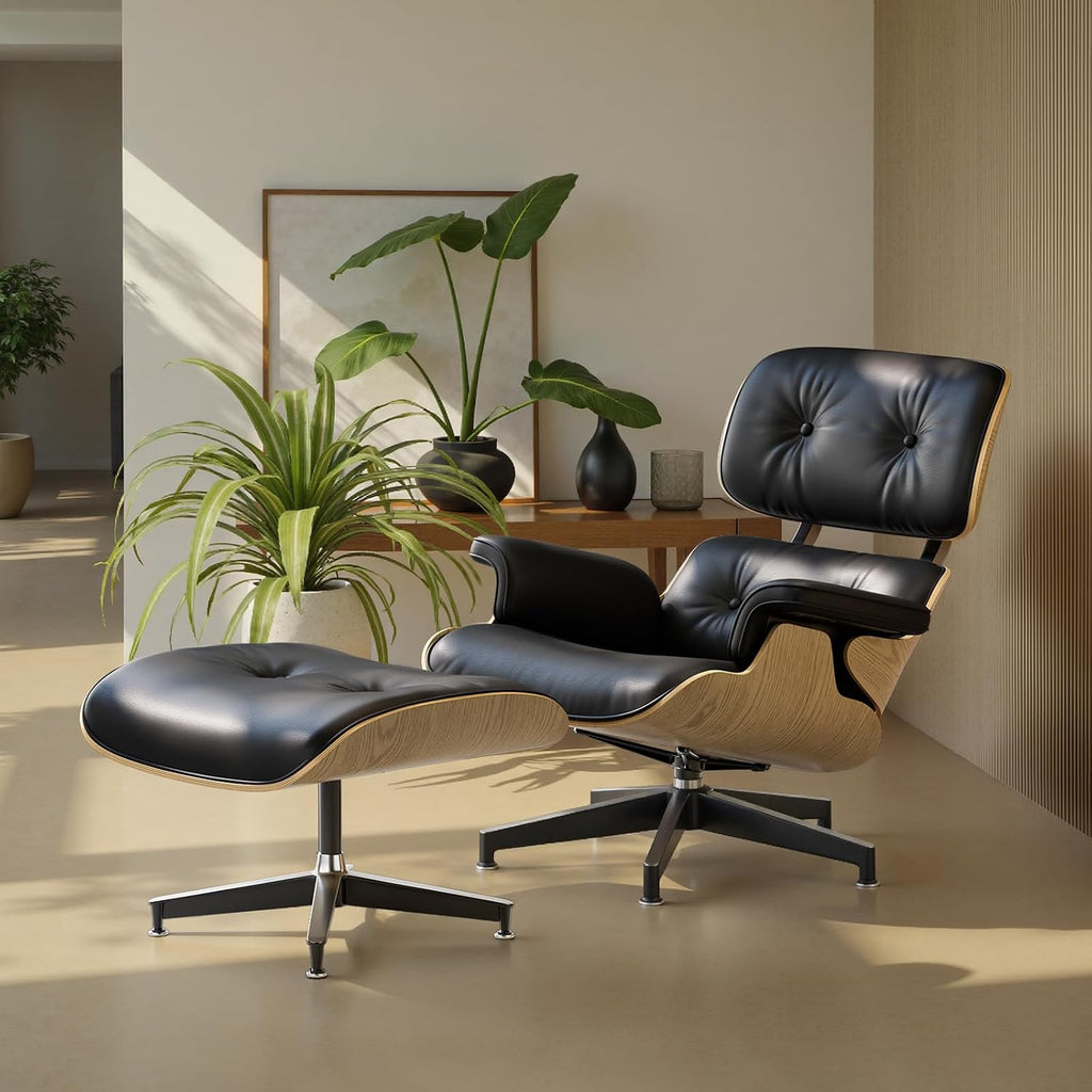 Inspired Eames Style Lounge Chair and Ottoman — Black Top-Grain Leather, Ash Base, Upgraded Tall (37″D)