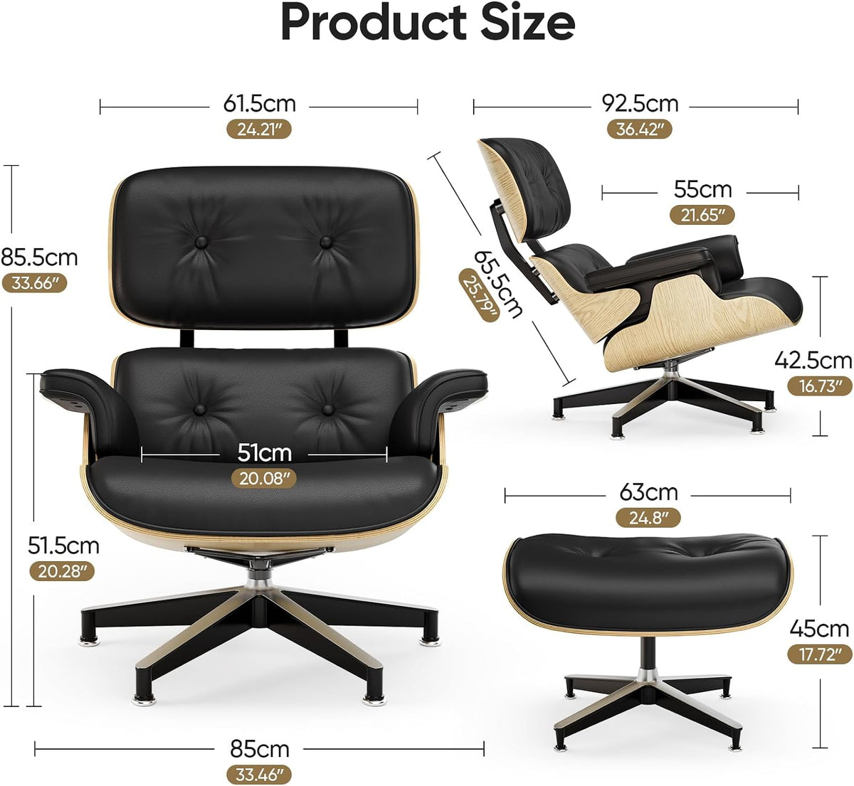 Inspired Eames Style Lounge Chair and Ottoman — Black Top-Grain Leather, Ash Base, Upgraded Tall (37″D)