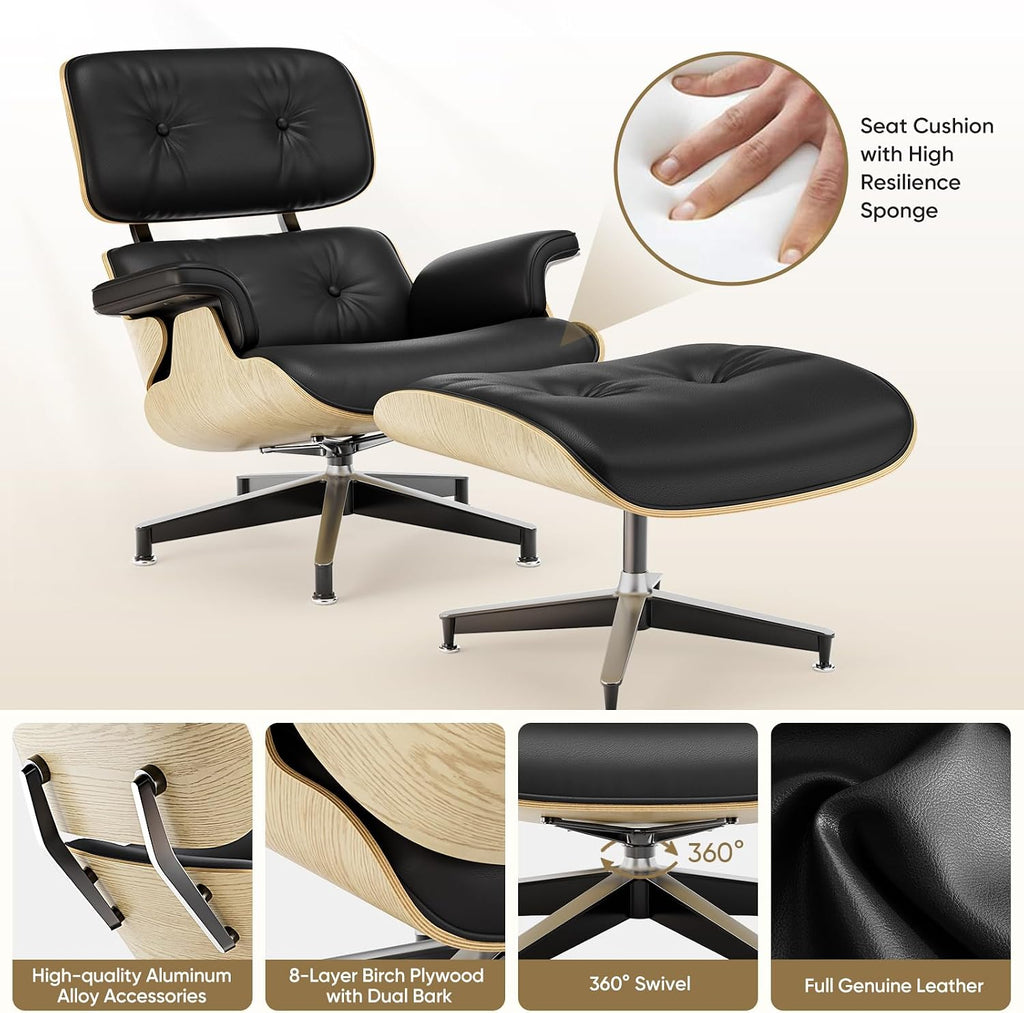 Inspired Eames Style Lounge Chair and Ottoman — Black Top-Grain Leather, Ash Base, Upgraded Tall (37″D)