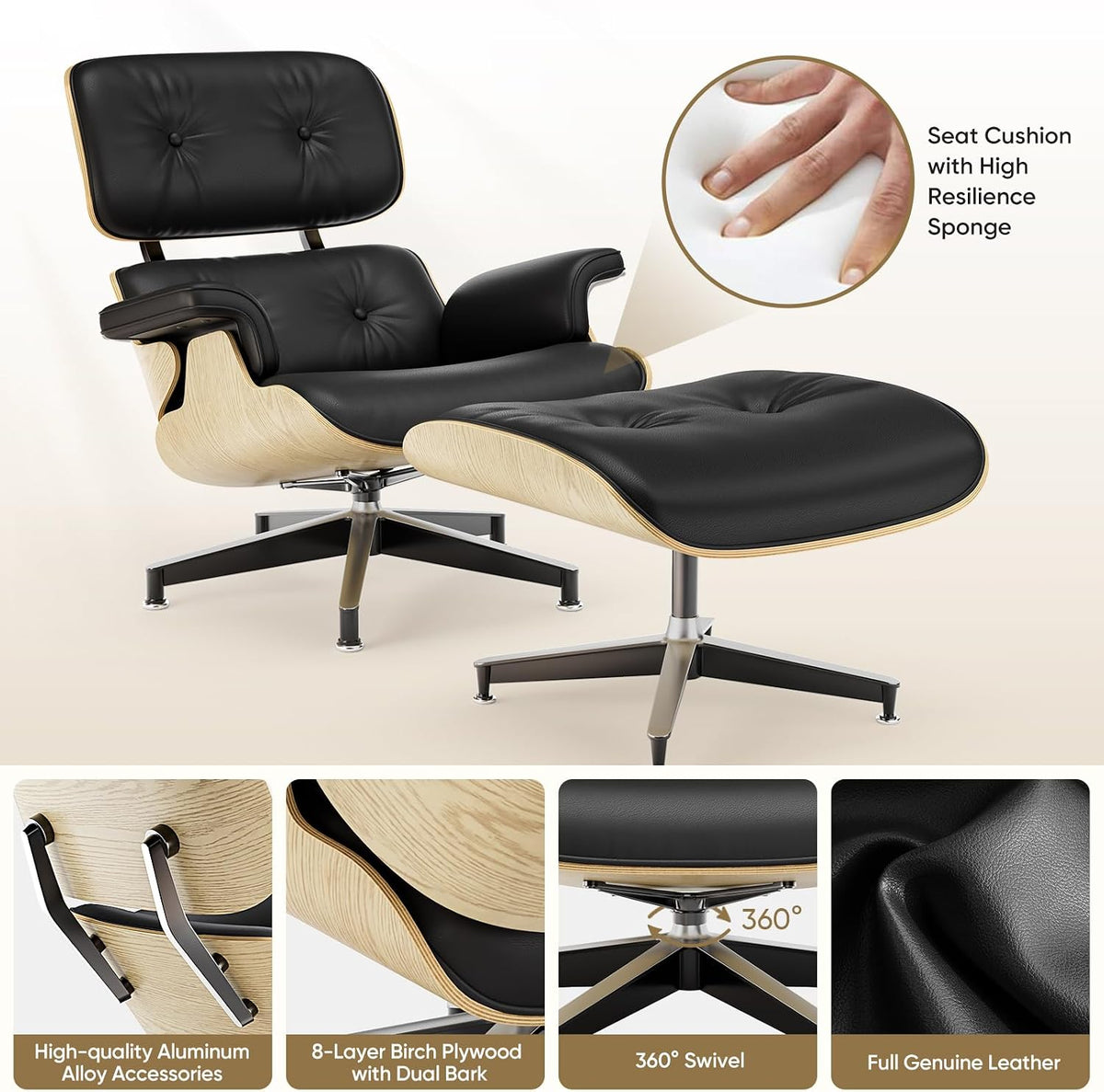 Inspired Eames Style Lounge Chair and Ottoman — Black Top-Grain Leather, Ash Base, Upgraded Tall (37″D)