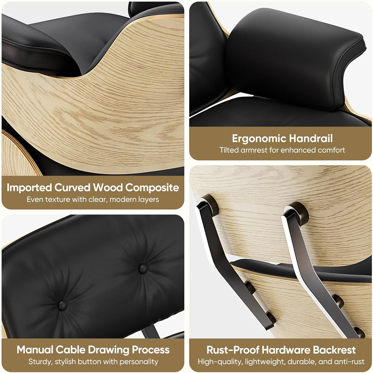 Inspired Eames Style Lounge Chair and Ottoman — Black Top-Grain Leather, Ash Base, Upgraded Tall (37″D)