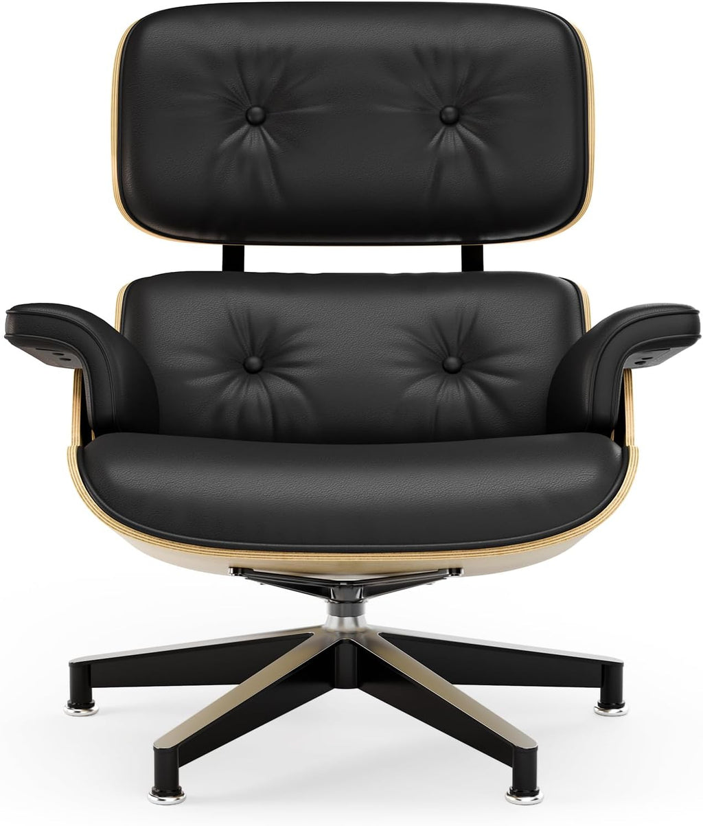 Inspired Eames Style Lounge Chair and Ottoman — Black Top-Grain Leather, Ash Base, Upgraded Tall (37″D)